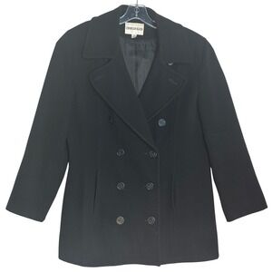 Vintage 90s Charles Klein Black Wool Peacoat Double Breasted Anchor Buttons 16
